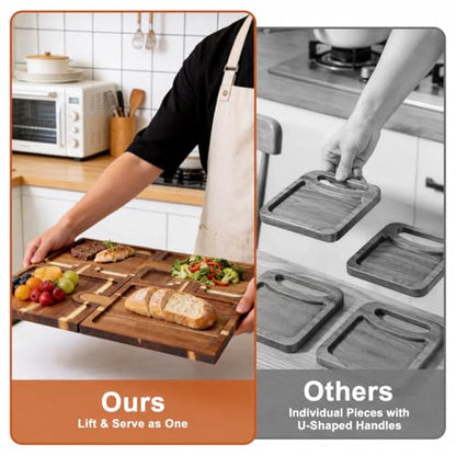 Wooden Charcuterie Boards Set of 4, Puzzle Serving Trays with Stand | Made from acacia wood,4-piece interlocking design,portable,18 inch ideal for charcuterie,snacks,appetizers,party & gatherings - size: 11.8" x 9" x 1"
