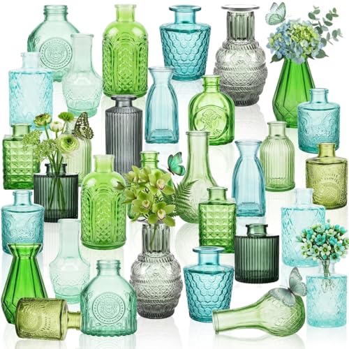 32 PCS Assorted Vintage Bud Vases, Colorful Glass Small Vases Bulk, for Centerpieces, Wedding Table Decor, Home Decorations & Gifts (Green Series) - color: 32pcs-2