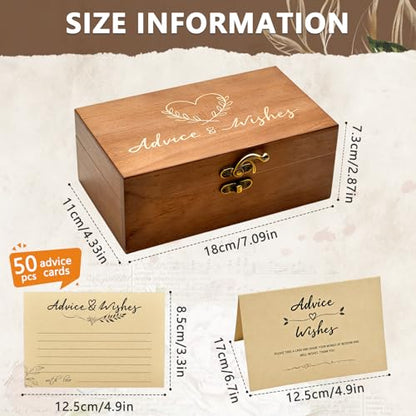 Wooden Advice & Wishes Memory Box with 50 Pcs Kraft Tan Cards for Wedding - Bridal Shower Guest Book Alternative- Versatile Keepsake for Newlyweds, Baby Shower, Graduation & Birthday Party ﻿ (Set) - color: Set