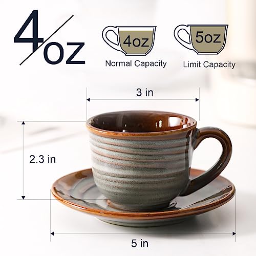 Hasense Espresso Cups with Saucers, 4 oz Small Ceramic Espresso Coffee Mugs Set of 4, Cute Cappuccino Cup Set, Demitasse Cups Perfect for Espresso Shots, Cappuccino, Tea-Grey Brown - color: Grey Brown, size: 4oz - Set of 4