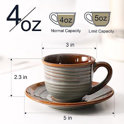 Hasense Espresso Cups with Saucers, 4 oz Small Ceramic Espresso Coffee Mugs Set of 4, Cute Cappuccino Cup Set, Demitasse Cups Perfect for Espresso Shots, Cappuccino, Tea-Grey Brown - color: Grey Brown, size: 4oz - Set of 4