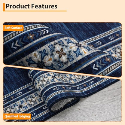 Modern Solid Area Rug 5x7 Washable Non Slip Neutral Rugs for Living Room, Non-Shedding Stain Resistant Bordered Throw Carpet, Neutral Foldable Floor Rugs for Bedroom Dining Table, Blue | Non Slip Neutral Border Non Shedding Stain Resistant Low Pile Foldab