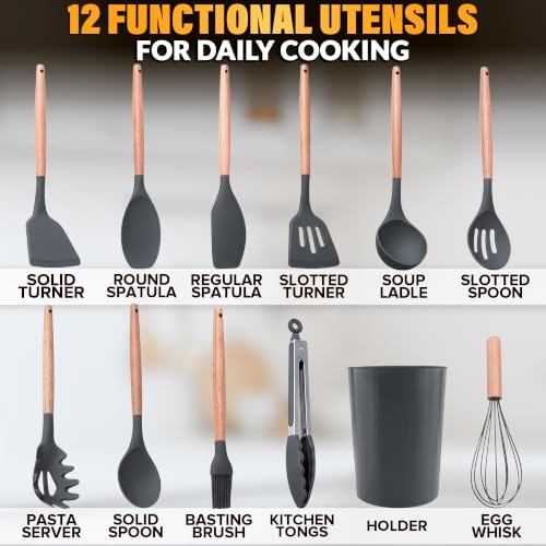 12 Pcs Gray Kitchen Utensils Set with Holder for Nonstick Cookware | Silicone Cooking Utensils Set for BBQ; Heat-Resistant Tools with Wooden Handles for Baking, Serving, Frying, and Mixing - color: Gray
