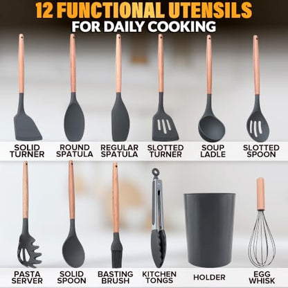 12 Pcs Gray Kitchen Utensils Set with Holder for Nonstick Cookware | Silicone Cooking Utensils Set for BBQ; Heat-Resistant Tools with Wooden Handles for Baking, Serving, Frying, and Mixing - color: Gray