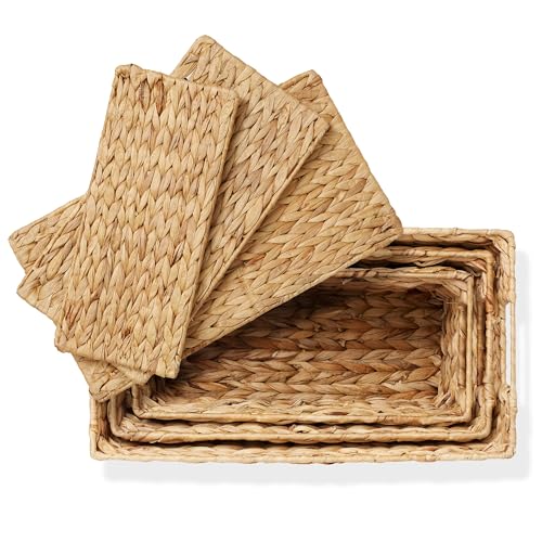 Casafield Set of 3 Water Hyacinth Storage Baskets with Lids, Natural - Small, Medium, Large Woven Nesting Bins for Bathroom, Bedroom, Closets, Shelves