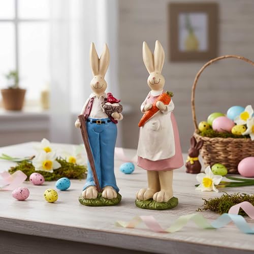Easter Bunny Figurines Set of 2, Resin Rabbit Decor, 9.06 Inch | Resin Easter bunny decor with bird nest and carrot details for tables, shelves and spring gifts; a charming 2-piece set