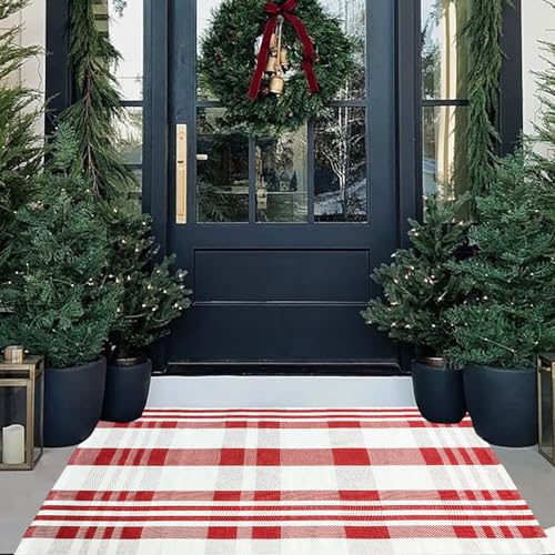 Christmas Door Mat Outdoor 27.5” x 43” Red and White Plaid Rug Christmas Decor Rug Cotton Hand-Woven Layered Door Mats Washable Carpet for Front Porch, Kitchen, Farmhouse, Entryway (27.5” x 43”) - color: Red&white Plaid, size: 2'4" x 3'7" (Rectangular)