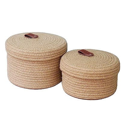 Set of 2 Round Jute Rope Storage Baskets with Lids -Leather Handles- Decorative Woven Organizer Bin for Home, Kitchen, Nursery,Small Basket