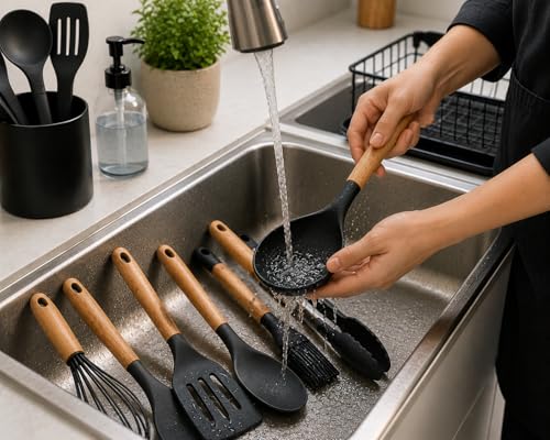 Caboh Silicone Kitchen Utensil Set 12 PCS – Heat Resistant Cooking Tools with Spatula, Serving Spoon, Tongs, Whisk & Holder, Nonstick Safe BPA-Free Kitchen Accessories Set (Black) - color: Black
