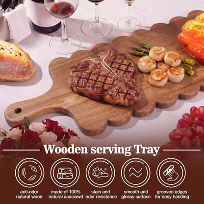 30"x 8" Long Scalloped Charcuterie Board Large Acacia Wooden Cheese Board with Handle & Rope Hanger Decorative Serving Platter for Snacks Appetizers, Housewarming & Entertaining Gift - size: 30"x8"