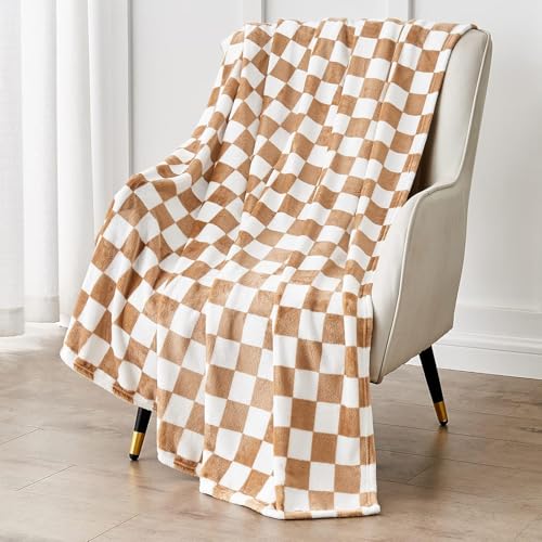 Edenleaf Khaki Checkered Fleece Throw Blanket for Bed Cozy Warm Home Decor | Ultra Soft Fuzzy Blanket for Couch Sofa, Fluffy Lightweight Throw for Travel, Cute Holiday Gifts, All Seasons, Blonde 60"x80" - color: 01 Blonde, size: Blanket-60"x80"