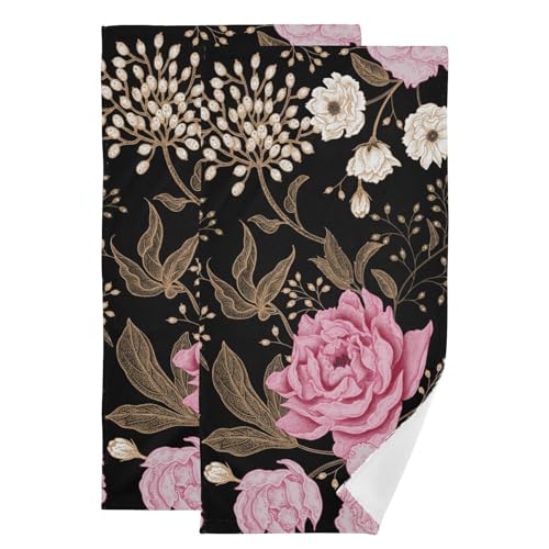 Rustic Pink Brown Gold Peony Floral Hand Towels for Bathroom Set of 2,Absorbent Botanical Flower Leaf Black Kitchen Towels 14"x28",Decorative Bathroom Towels for Bath,Face,Guest,Hair,Shower - color: Black