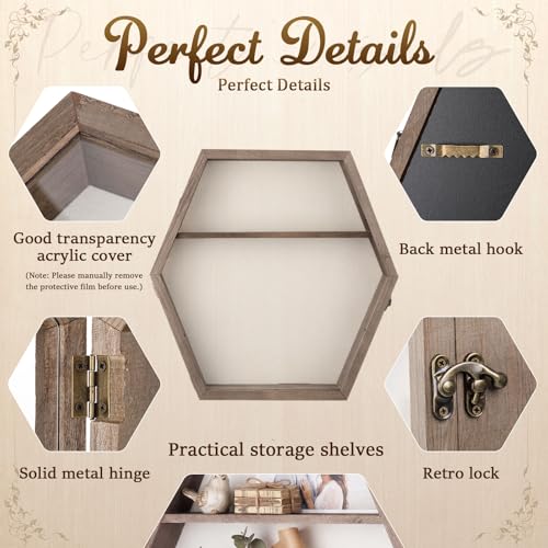 16 Inch Huge Wooden Shadow Box Frame with Acrylic Panel, Shelves, Hangable Brown Deep Shadow Boxes Memory Display Cases with Lanyard and Metal Hook for Wedding Keepsakes, Photos (Hexagonal) - style: Hexagonal
