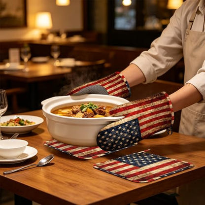 Retro USA Flag Oven Mitts and Pot Holders Set of 4, Heat Resistant Non Slip Kitchen Gloves Hot Pads, Chef Cooking Baking Gifts for Women Bakers, Kitchen Gifts for Cooking Lover Cooks Mom - color: Retro Usa Flag