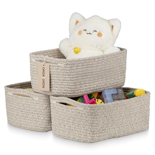 3Pack Small Woven Storage Baskets for Shelves Organizing | Cotton Rope Closet Organizer Bins, Basket for Gifts Empty, Nursery, Living room, Dog Toy Basket 11x7.5x4.5 in, Mixed Brown - color: Mixed Brown, size: S