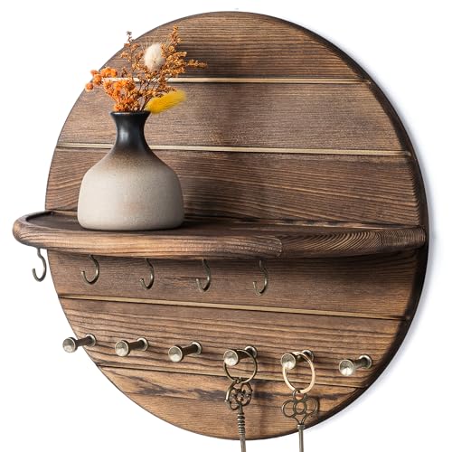 Rebee Vision Pine Wood Round Key Holder Wall Mount for Home Decor, Brown | Round Corner, Key Hooks for Dog leashes & Sunglasses, Display Shelf for Plant & Letters, Mail Organizer, Home Essentials - color: Brown