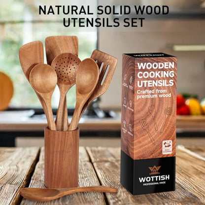 Wooden Spoons for Cooking - 8-Piece Wooden Kitchen Utensil Set made of Natural Solid Wood Material-Includes Spoons,Spatulas,Ladles,Mixing Spoon and Utensil Holder,Valentine's Day Gifts