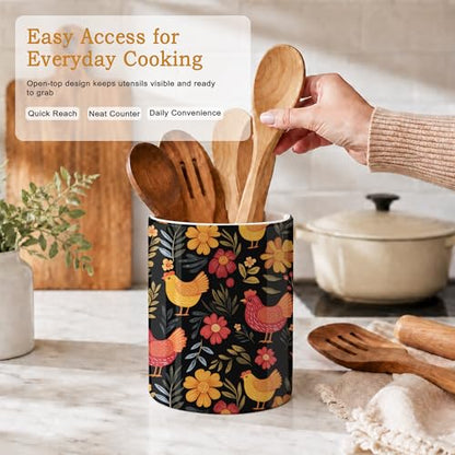 Rooster Hen Kitchen Utensil Holder,Flower Ceramic Utensil Crock for Countertop,Cooking Tools Storage jar for Spatulas and Spoons,Housewarming Gifts 6.3" - color: Rooster Hen Flower