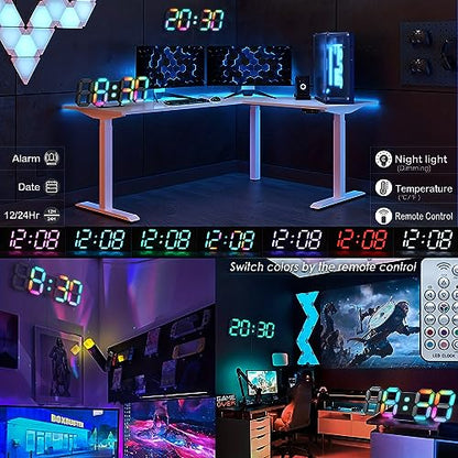 LED Digital Clock Neon Clock 9.7" Black Gaming Clock RGB LED Wall Clock for Living Room Desk Clock Large Display Clock for Bedroom, Black Clock with Dimming - color: 9.7in Black Clock-neon Light