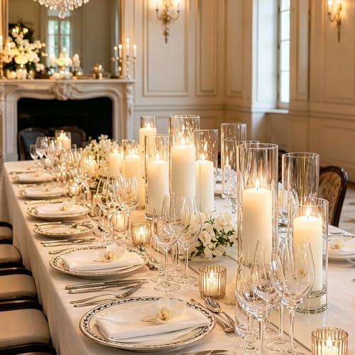 24 PCS Ivory White Pillar Candles and Glass Cylinder Vases Hurricane Glass Candle Holders for Pillar Candles Wedding Centerpieces, Party, Event, Home Office Decor(12 Candles+12 Candle Hoders)