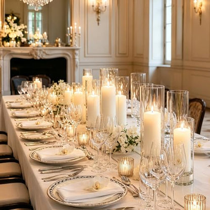 24 PCS Ivory White Pillar Candles and Glass Cylinder Vases Hurricane Glass Candle Holders for Pillar Candles Wedding Centerpieces, Party, Event, Home Office Decor(12 Candles+12 Candle Hoders)