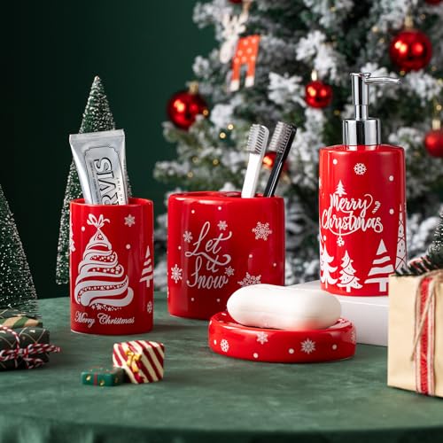 Christmas Bathroom Accessories Set, 4-Piece Ceramic Bathroom Accessory Set Include Lotion Dispenser, Toothbrush Holder Tumbler, and Soap Dish (Red) - color: Red
