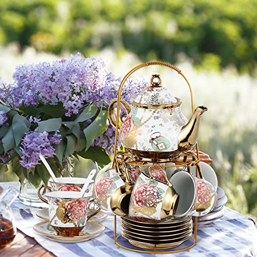 Zhehao 20 Pcs Porcelain Tea Set with Metal Holder and Spoon Adult Ceramic Tea Set European Flower Painting Teapot Cup Saucer Spoon for Women Mom Gift, Large Version (Bright Style) - color: Bright Style