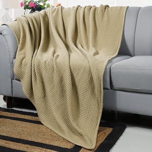 100% Cotton Waffle Weave Blanket, Twin Size 60 x 90 Inches, 300 GSM Lightweight Breathable Cooling Bed Blanket for Summer & All Season, Soft Woven Blanket, Khaki - color: Khaki, size: 60x90-Twin