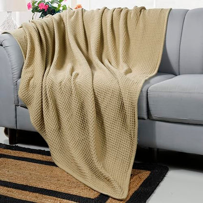 100% Cotton Waffle Weave Blanket, Twin Size 60 x 90 Inches, 300 GSM Lightweight Breathable Cooling Bed Blanket for Summer & All Season, Soft Woven Blanket, Khaki - color: Khaki, size: 60x90-Twin
