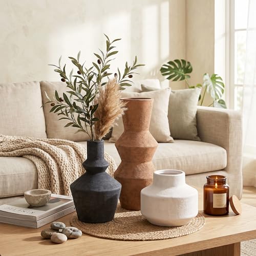DREAMLOOM Modern Modern Ceramic Vase Set of 3, Rust | Funnel Shaped, Farmhouse Rustic, Pampas Grass, Home Decor, Living Room Bedroom Kitchen Shelf Centerpiece - color: Rust Red Combo - Funnel-shaped