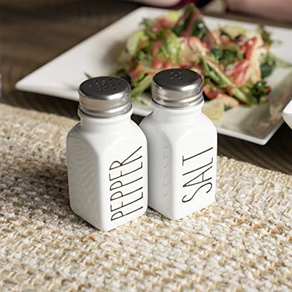 Farmhouse Ceramic Salt and Pepper Shakers Set with Extra Lids. 100% Stoneware Salt and Pepper Shaker Set. White Pepper and Salt Shaker with Lid x4. Kitchen Salt Pepper Shaker Set - color: White/White