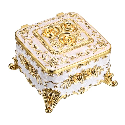 Hipiwe Vintage Jewelry Box for Women Antique Trinket Keepsake Organizer | Metal Chest Organizer for Rings Necklaces Earrings Decorative Ring Holder with Gold Rose, 5.1" x 5.1" x 3.1" - color: Beige, size: Medium