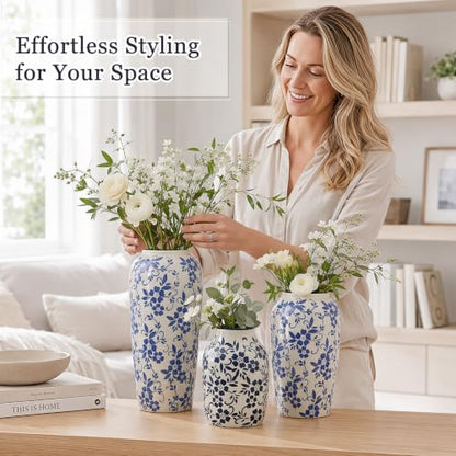 LemonRoad 3 Pack Chinoiserie Vases Porcelain Blue and White Vases for Flowers Pottery Chinoiserie Ceramic Vase for Living Room Mother's Day Decor Table Centerpiece, 6.9", 8.7", 11.8"(Rustic) - style: Rustic