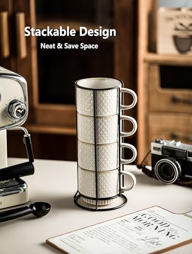 Gomakren Coffee Mugs Set of 4 Ceramic Coffee Cup with Stand, Creamy White | 13oz Stackable, Embossed Grid Mugs, Black Metal Rack, Lead-Free Dishwasher Safe, with Gold Spoons for Home Coffee Bar - color: Creamy White