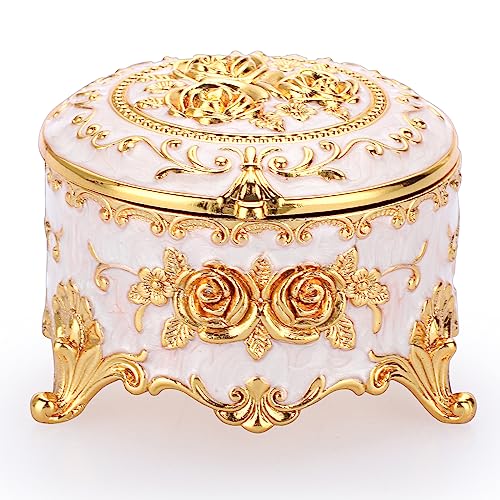 Hipiwe Vintage Round Jewelry Box Small Metal Trinket Storage Organizer | Gold Chest Ring Case Treasure Boxes Keepsake Boxes Earrings Necklace Storage Box Gift for Women - color: Beige, size: Small