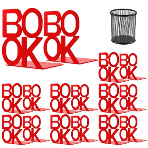 Book Ends Red 8 Pair Metal BookEnds for Bookrack Desk,Books | Non-Skid Metal Book End Stopper for Books/CDs/DVDs - color: Red, size: 8 pair