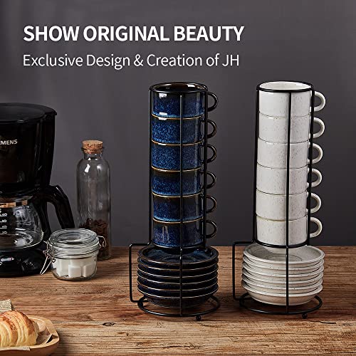 JIEMEI HOME Porcelain Stackable Espresso Cups with Saucers and Metal Stand,4 Ounce Demitasse Cups for Coffee Drinks, Latte, Tea - Set of 6, Stackable Espresso Mugs, Reactive Glaze, Bule - color: Reactive Glaze Blue
