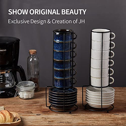 JIEMEI HOME Porcelain Stackable Espresso Cups with Saucers and Metal Stand,4 Ounce Demitasse Cups for Coffee Drinks, Latte, Tea - Set of 6, Stackable Espresso Mugs, Reactive Glaze, Bule - color: Reactive Glaze Blue