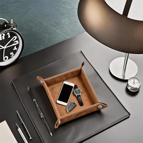 Valet Tray Desktop Storage Organizer – Vegan Leather Catchall Bedside Vanity Tray Nightstand Caddy Holder for Remote Controller, Watch, Keys, Phone, Wallet, Coin, Jewelry, Stone Khaki - color: Stone Khaki