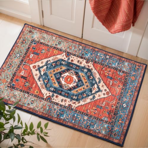 SERISSA Boho Rugs for Entryway, 2x3 Rust Entryway Rug Non-Slip Washable Small Area Rug, Ultra Soft Oriental Vintage Low-Pile Indoor Door Mat Floor Carpet for Entrance Bedroom Kitchen Bathroom | Ultra Soft Vintage Oriental Carpet Low-Pile Tribal Indoor Mat