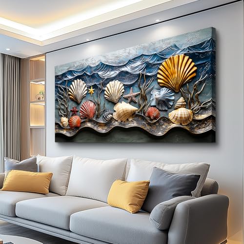Lapremoly Large Beach Wall Art for Bedroom -Dining Room Wall Decor Ocean Painting Abstract Canvas Picture for Living Room Bathroom Kitchen Office Shells Starfish Modern Nautical Decoration 30"x 60" - color: Shell Painting, size: 60"L x 30"W