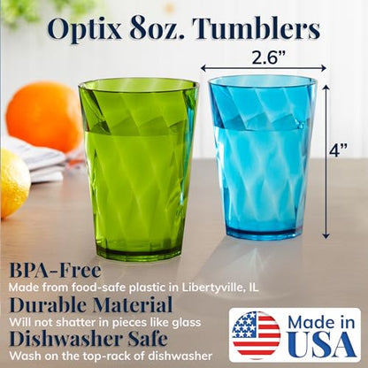 US Acrylic Optix Mini Plastic Reusable Drinking Glasses (Set of 8) 8oz Juice Cups in Jewel Tone Colors | BPA-Free Tumblers, Made in USA | Top-Rack Dishwasher Safe - size: 8 ounces