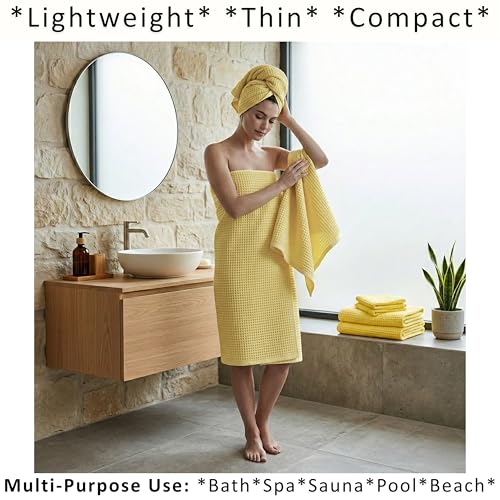 PÜSKÜL 2-Piece Natural 100% Turkish Cotton Waffle Bath Towels Extra-Large | Light Yellow, 32x63" Bath Sheet Towel, Soft Absorbent Quick-Dry Lint-Free Premium 3D Honeycomb Weave Oeko-Tex Made in Turkiye - color: Light Yellow