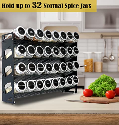 4 Tier Spice Rack Organizer with 32 Square Spice Jars and 160 Spice Labels Set for Kitchen Cabinet Countertop Pantry or Wall Mount, Matte Black - size: 4 Tier With Jars