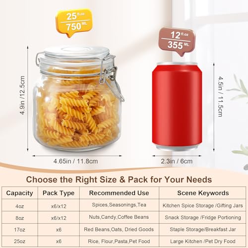 Glass Jars with Airtight Lids, 26oz Glass Storage Jars Set of 6, Thick Food Storage Containers for Pantry Organization, Kitchen Counter, Coffee, Pasta, Cereal - size: 26 fl oz x 6 - Square