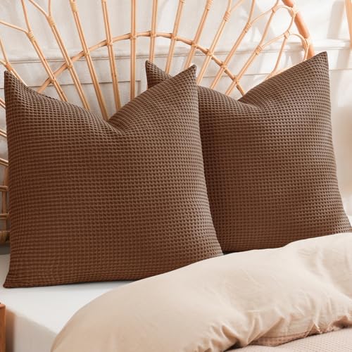 PHF 100% Cotton Waffle Weave Throw Pillow Cover, 24" x 24", No Filling, 2 Pack Elegant Home Decorative Square Throw Pillow Covers for Bed Couch Sofa, Cappuccino - color: Cappuccino, size: 24" x 24" (Pack of 2)