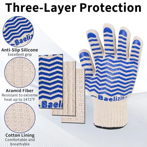 BBQ Grill Gloves, Extreme Heat Resistant Oven Gloves, Silicone Non-Slip Oven Mitts with Fingers, for Barbecue,Grilling, Cooking, Baking-1 Pair(Blue)