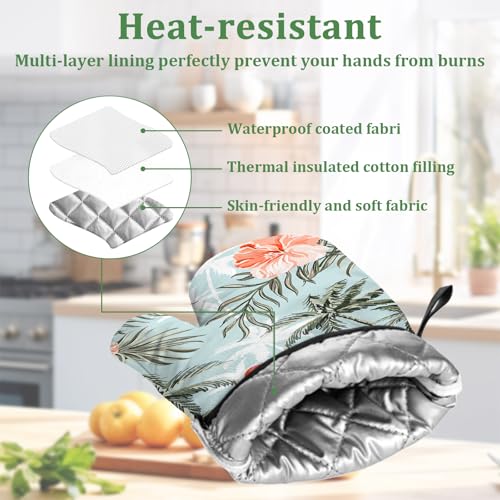 Tropical Flamingo Palm Flower Oven Mitts and Pot Holders Set 4 Pcs Extra Long Heat Resistant Gloves Potholder for Baking, BBQ, Grilling - color: Flamingo