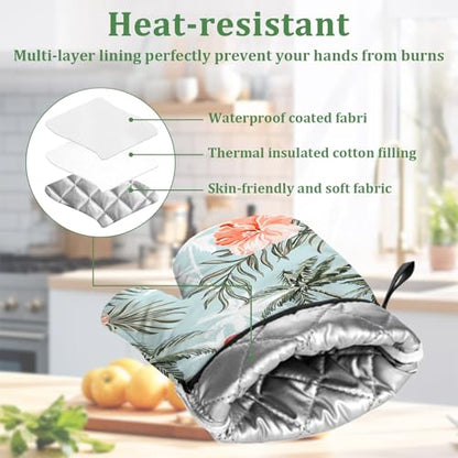 Tropical Flamingo Palm Flower Oven Mitts and Pot Holders Set 4 Pcs Extra Long Heat Resistant Gloves Potholder for Baking, BBQ, Grilling - color: Flamingo