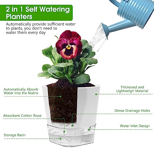 6 Pack Self Watering Plant Pot, 6.6/5 Inch Plastic Self Watering Pots for Indoor Outdoor Plants African Violet Pots Easy Plant Self Watering Pot with Wick Rope for Plants Flowers